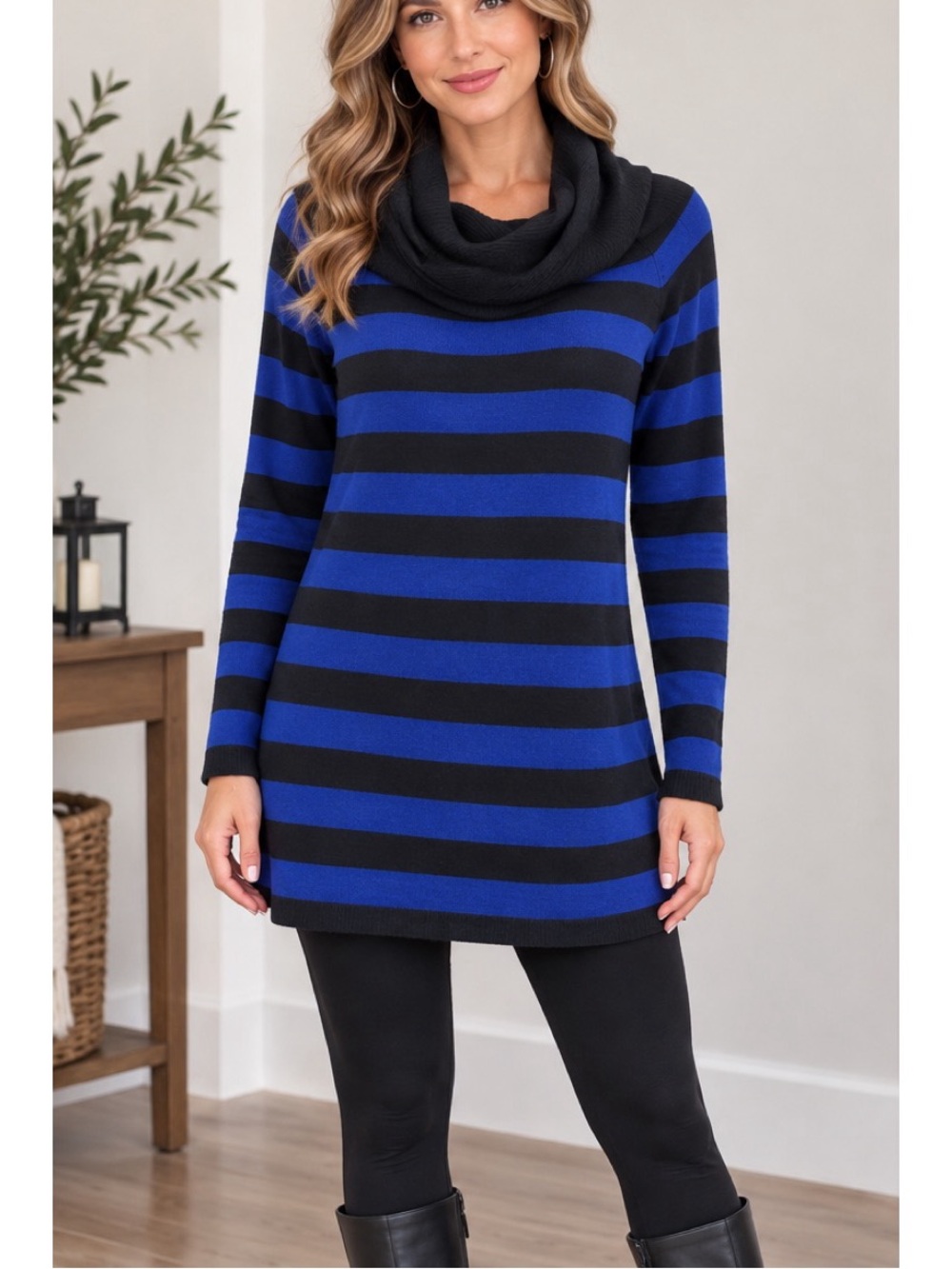INC International Concepts blue and black striped cowl neck sweater, size med